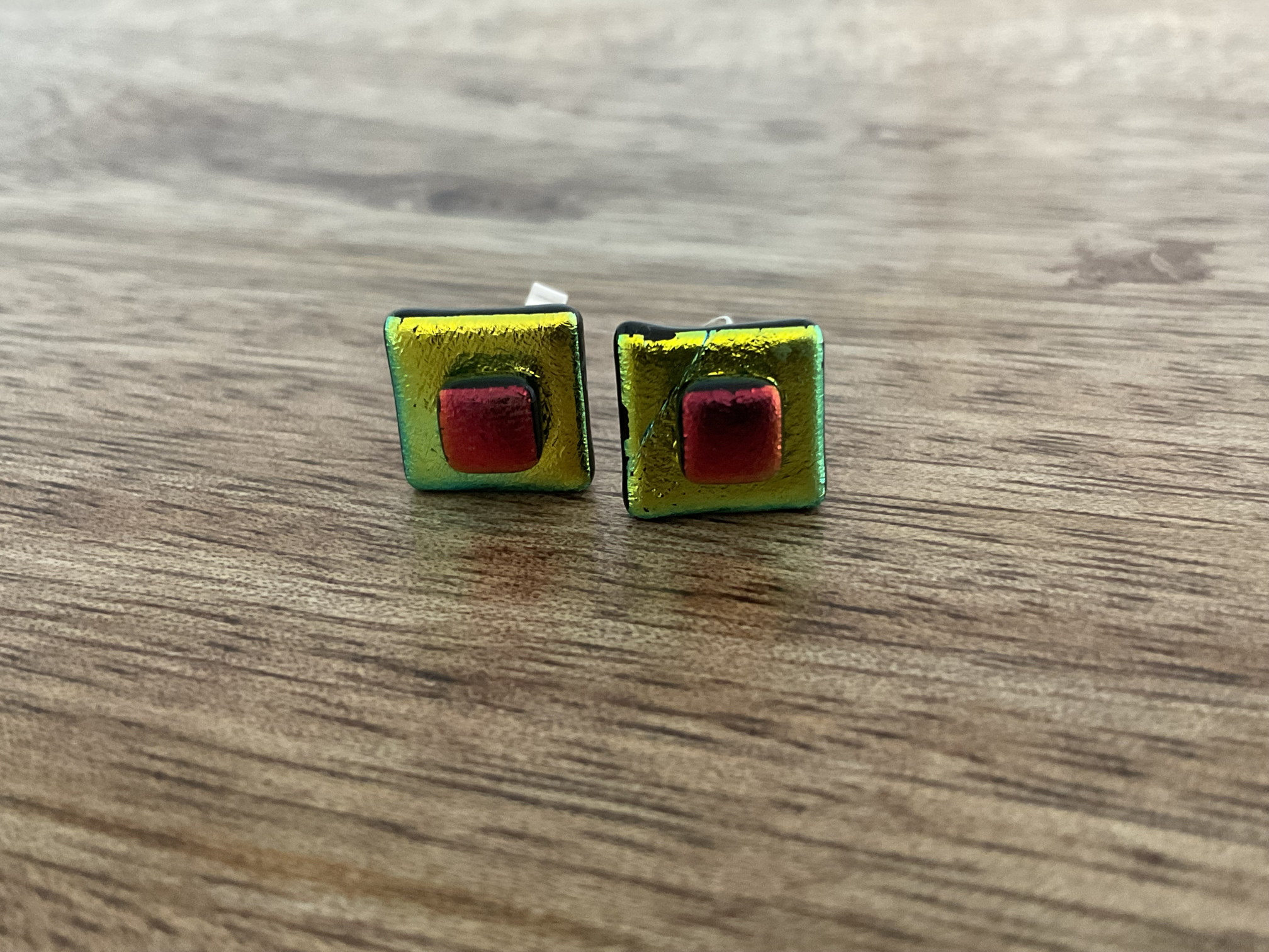 SQUARE DICHROIC GLASS SHIMMER STUD EARRINGS - Yellow - Click Image to Close